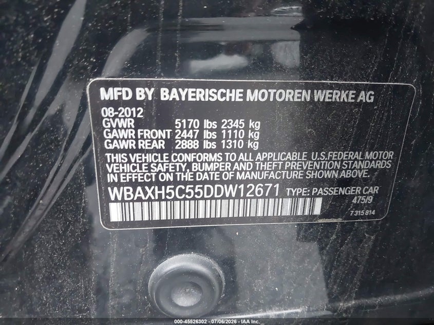 2013 BMW 5er VIN WBAXH5C55DDW12671 IAAI salvage auction — RIGHT FRONT, Salvage (Connecticut), sold $1,400 on 2026-07-23 (photo 9)