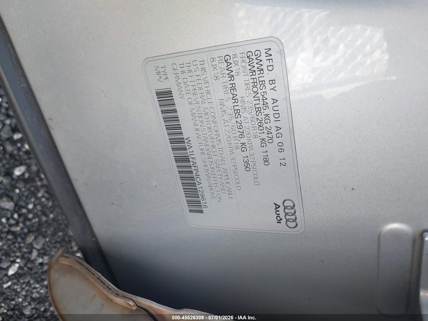 2012 Audi Q5 VIN WA1LFAFP4CA129616 IAAI salvage auction — NORMAL WEAR, Salvage (South Carolina), sold $500 on 2026-07-21 (photo 9)