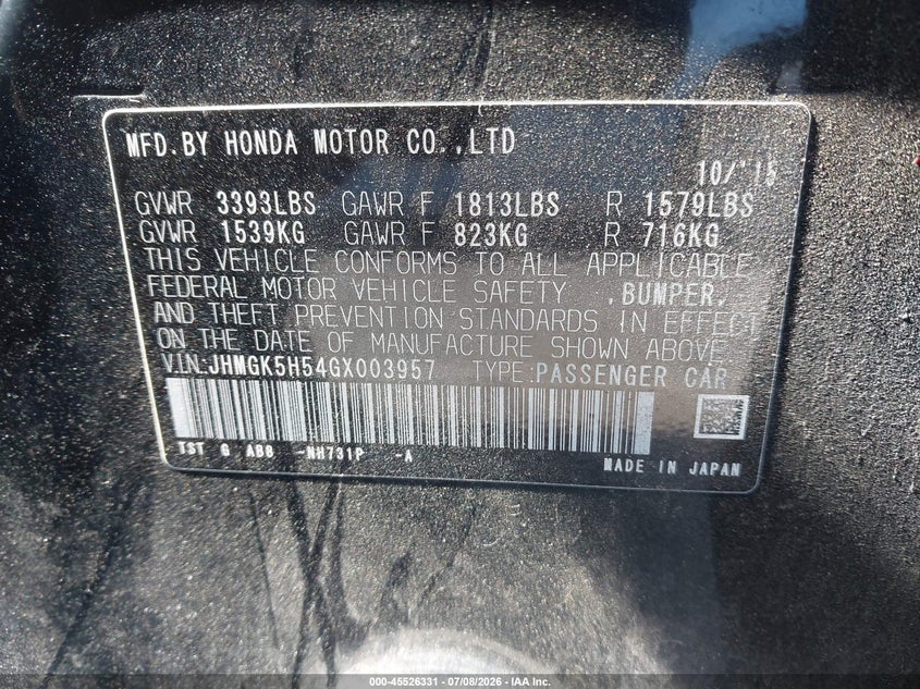 2016 Honda Fit VIN JHMGK5H54GX003957 IAAI salvage auction — FRONT END, Salvage (California), sold $425 on 2026-07-23 (photo 9)