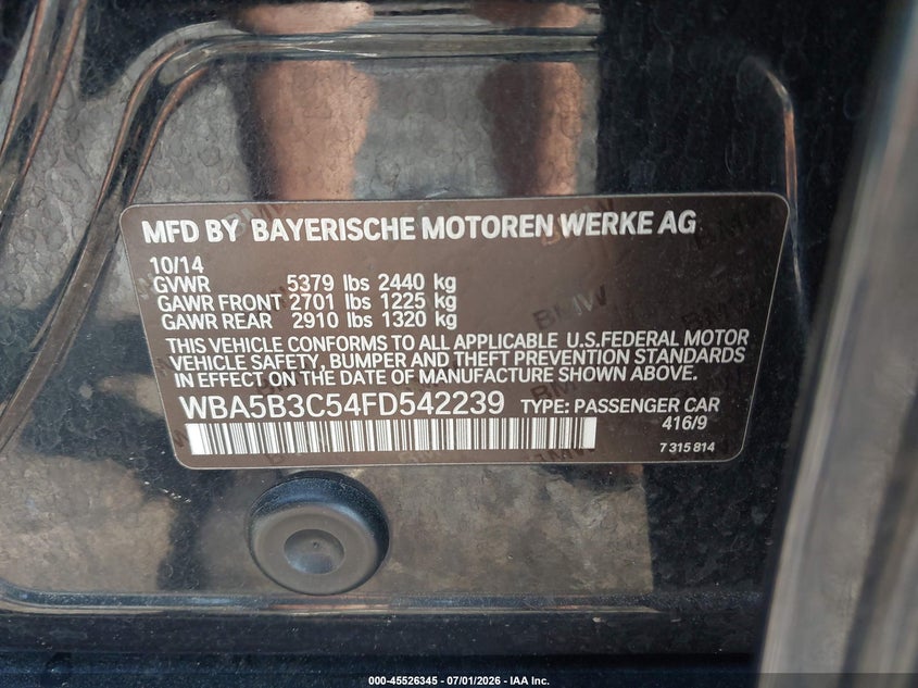 2015 BMW 5er VIN WBA5B3C54FD542239 IAAI salvage auction — FRONT END, Mv-907A (New York), sold $3,800 on 2026-08-01 (photo 9)
