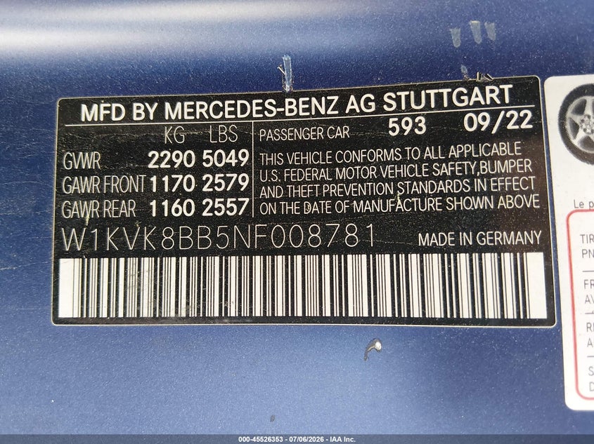 2022 Mercedes-benz VIN W1KVK8BB5NF008781 IAAI salvage auction — FRONT END, Wait Title, sold $43,500 on 2026-08-28 (photo 9)