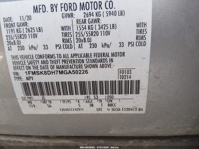 2021 Ford Explorer VIN 1FMSK8DH7MGA50226 IAAI salvage auction — REAR END, Salvage (Missouri), sold $7,900 on 2026-07-30 (photo 9)