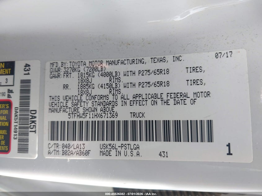 2017 Toyota Tundra VIN 5TFHW5F11HX671369 IAAI salvage auction — ROLLOVER, Salvage (North Carolina), sold $7,100 on 2026-07-23 (photo 9)