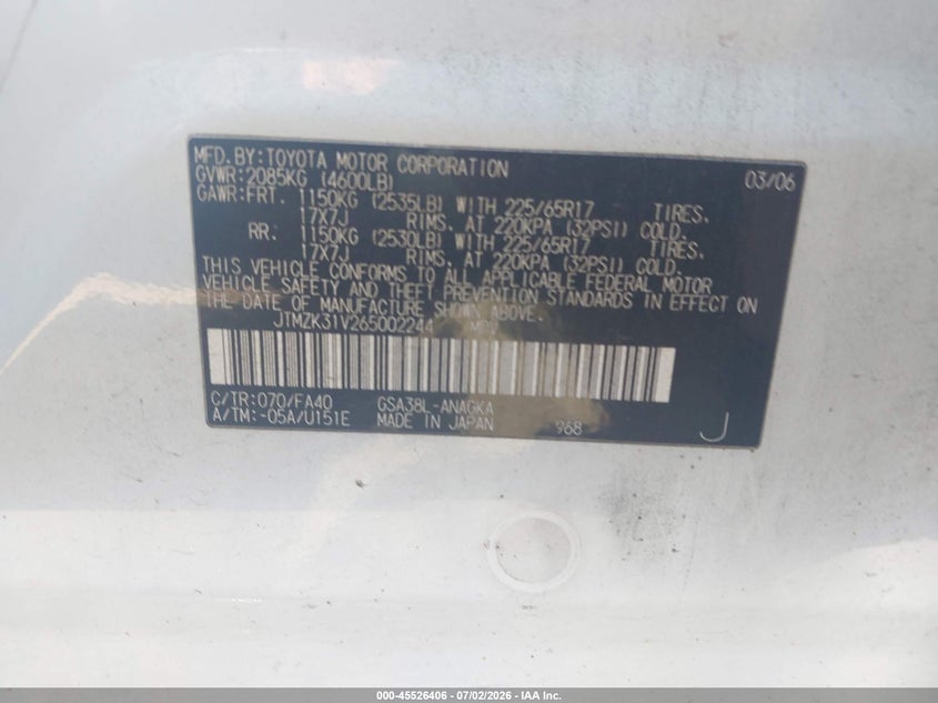 2006 Toyota Rav4 VIN JTMZK31V265002244 IAAI salvage auction — NORMAL WEAR, Clear (Tennessee), sold $675 on 2026-07-29 (photo 9)