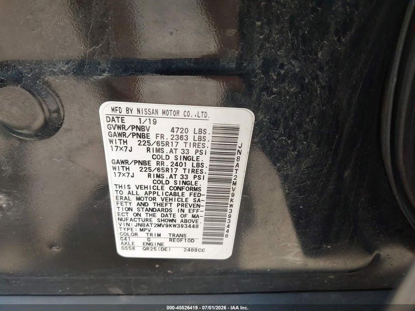 2019 Nissan Rogue VIN JN8AT2MV9KW393448 IAAI salvage auction — FRONT END, Mv-907A (New York), sold $2,550 on 2026-07-25 (photo 9)