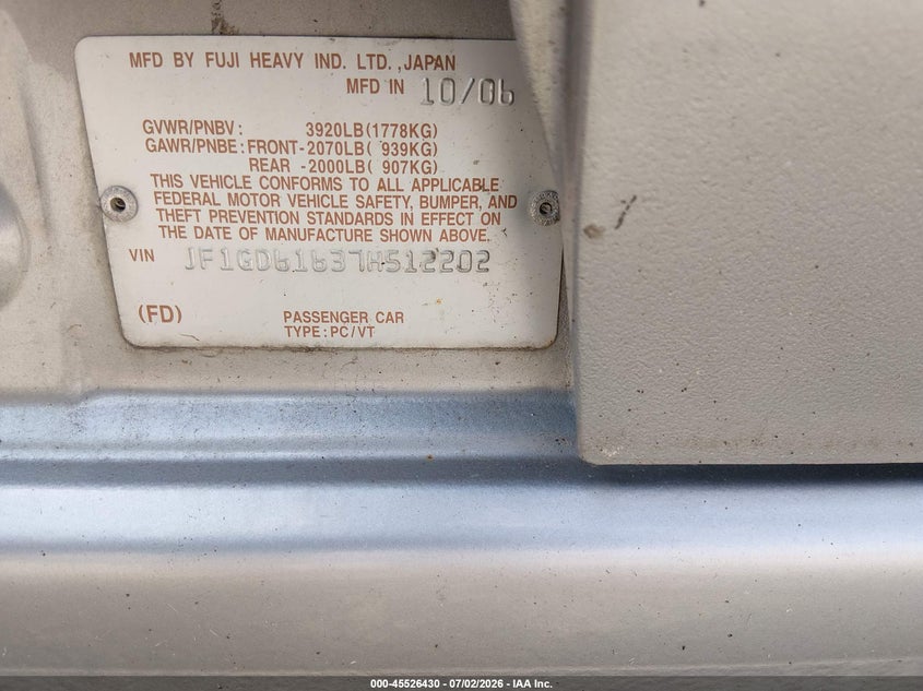 2007 Subaru Impreza VIN JF1GD61637H512202 IAAI salvage auction — RIGHT REAR, Original (Kentucky), sold $750 on 2026-07-14 (photo 9)