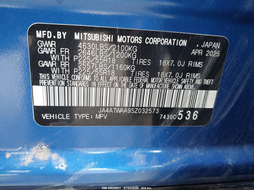2025 Mitsubishi Eclipse cross VIN JA4ATWAA9SZ032573 IAAI salvage auction — FRONT END, Enterprise Vehicles Clear Only (Texas), sold $3,550 on 2026-07-09 (photo 9)