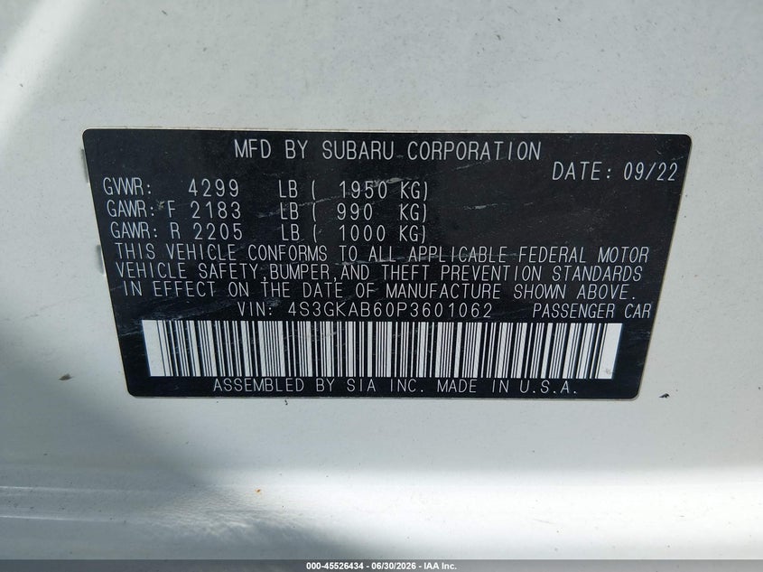 2023 Subaru Impreza VIN 4S3GKAB60P3601062 IAAI salvage auction — NORMAL WEAR, Sf97 (Iowa), sold $11,300 on 2026-09-03 (photo 9)