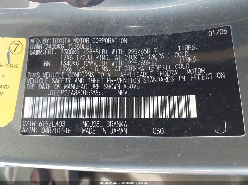 2006 Toyota Highlander VIN JTEEP21A860159955 IAAI salvage auction — NORMAL WEAR, Clear-Dealer Only (Kentucky), sold $750 on 2026-07-29 (photo 9)