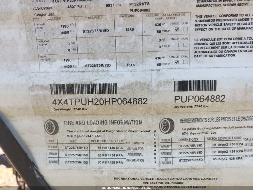 2017 Puma VIN 4X4TPUH20HP064882 IAAI salvage auction — RIGHT SIDE, Salvage Title, sold $575 on 2026-07-30 (photo 9)