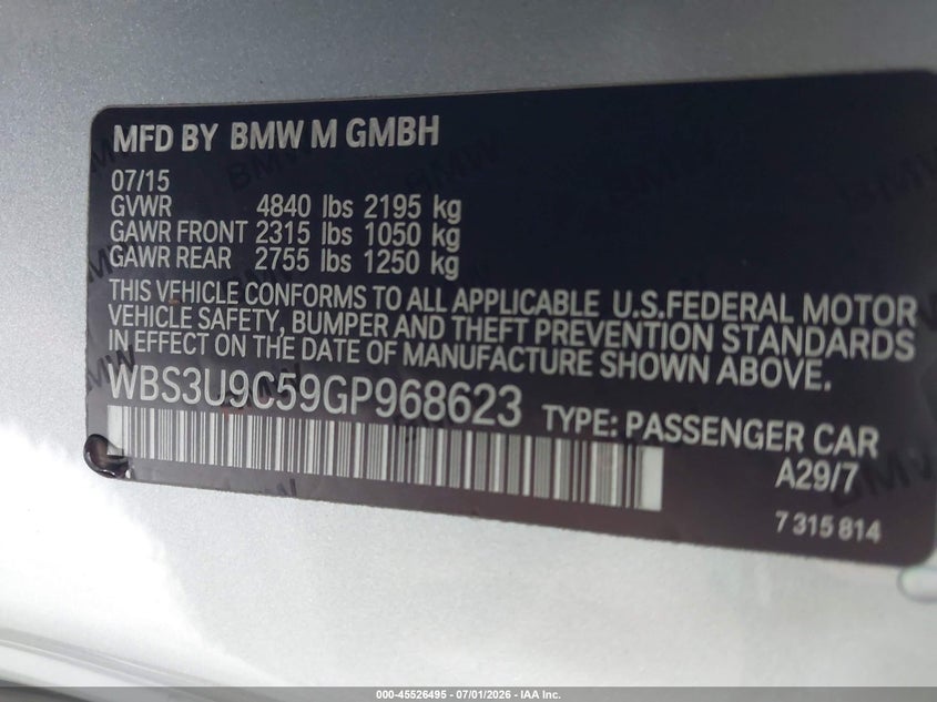 2016 BMW M4 VIN WBS3U9C59GP968623 IAAI salvage auction — LEFT FRONT, Rebuildable (Florida), sold $14,200 on 2026-07-29 (photo 9)