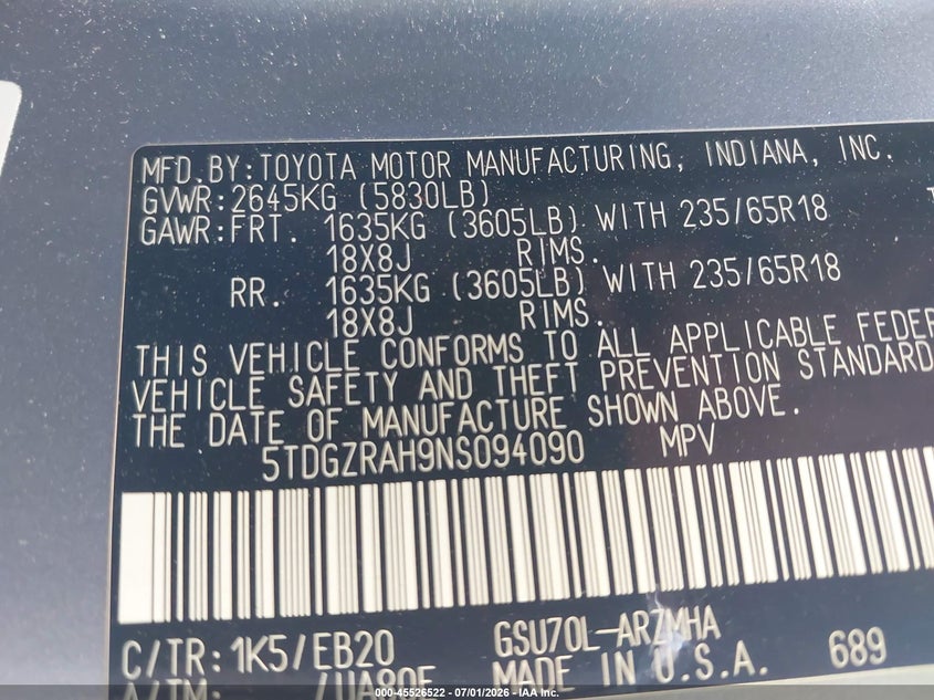 2022 Toyota Highlander VIN 5TDGZRAH9NS094090 IAAI salvage auction — SIDE, Salvage (Virginia), sold $15,700 on 2026-07-20 (photo 9)