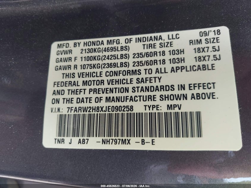 2018 Honda Cr-v VIN 7FARW2H8XJE090258 IAAI salvage auction — SIDE, Salvage (Ohio), sold $6,300 on 2026-07-28 (photo 9)