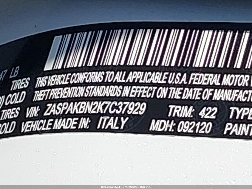 2019 Alfa romeo Stelvio VIN ZASPAKBN2K7C37929 IAAI salvage auction — FRONT END, Salvage Title, sold $2,300 on 2026-07-28 (photo 9)
