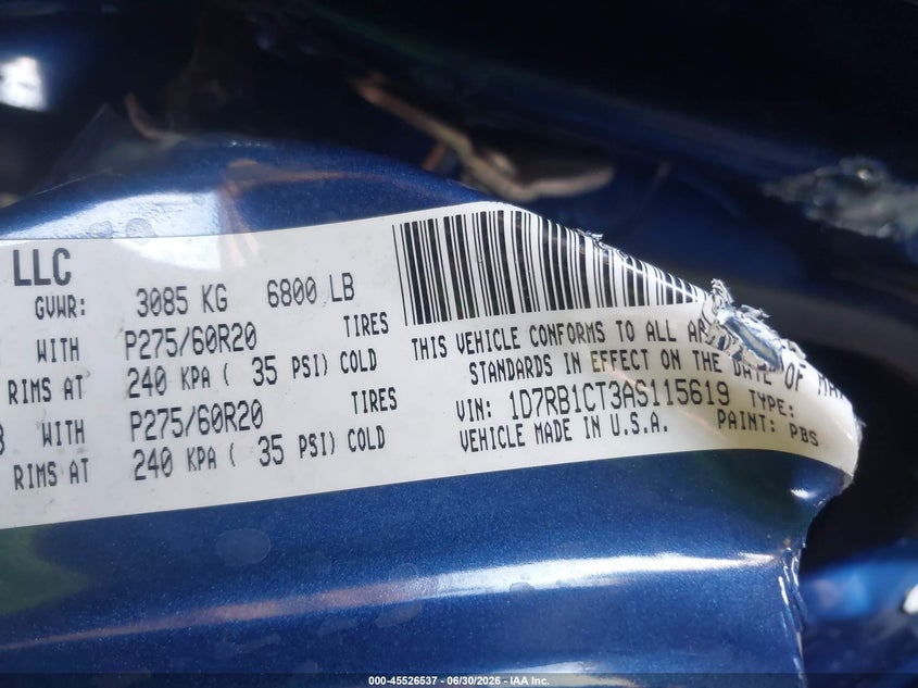 2010 Dodge Ram 1500 VIN 1D7RB1CT3AS115619 IAAI salvage auction — UNKNOWN, Salvage (Arizona), sold $400 on 2026-07-19 (photo 9)