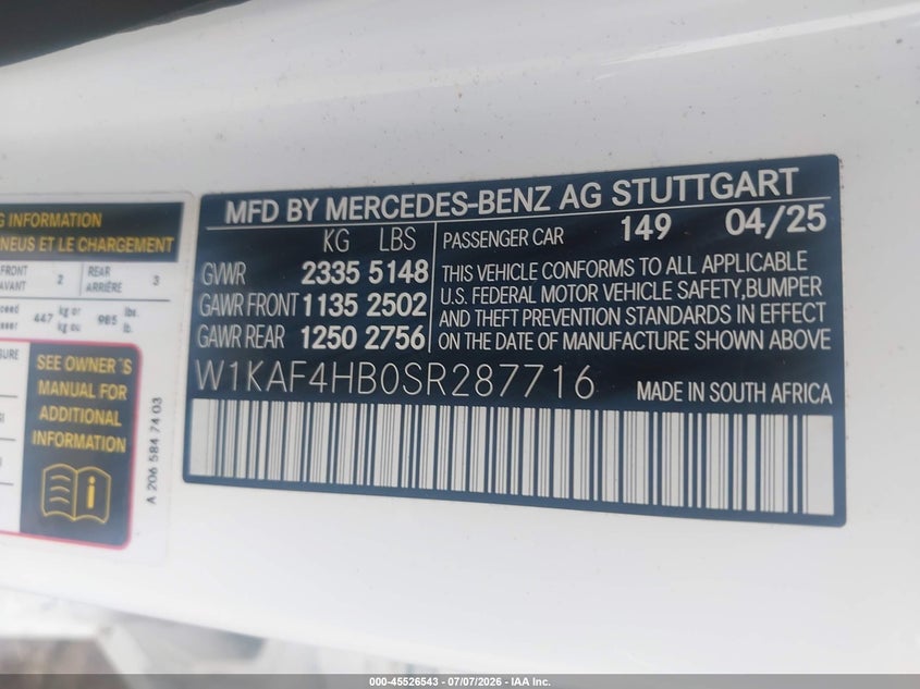 2025 Mercedes-benz C-klasse VIN W1KAF4HB0SR287716 IAAI salvage auction — UNDERCARRIAGE, Wait Title, sold $31,225 on 2026-08-21 (photo 9)