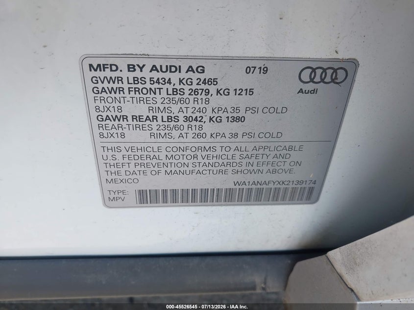 2019 Audi Q5 VIN WA1ANAFYXK2139174 IAAI salvage auction — FRONT END, Salvage Title, sold $7,200 on 2026-07-28 (photo 9)