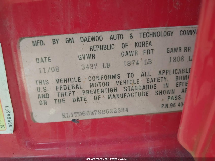 2009 Chevrolet Aveo VIN KL1TD66E79B622384 IAAI salvage auction — NORMAL WEAR, Original (Maine), sold $200 on 2026-07-20 (photo 9)