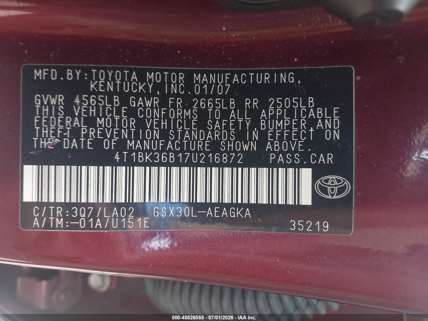 2007 Toyota Avalon VIN 4T1BK36B17U216872 IAAI salvage auction — FRONT & REAR, Salvage (Texas), sold $525 on 2026-08-24 (photo 9)