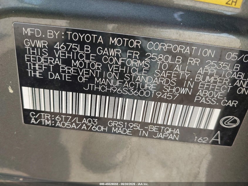 2006 Lexus Gs 300 VIN JTHCH96S360019457 IAAI salvage auction — NORMAL WEAR, Clear (Pennsylvania), sold $475 on 2026-07-31 (photo 9)