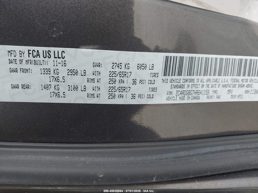 2017 Dodge Grand caravan VIN 2C4RDGBG7HR641159 IAAI salvage auction — NORMAL WEAR, Original (Texas), sold $1,750 on 2026-08-03 (photo 9)