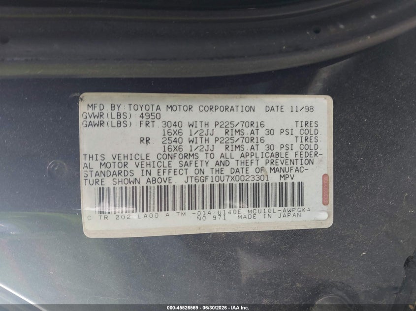 1999 Lexus Rx 300 VIN JT6GF10U7X0023301 IAAI salvage auction — LEFT & RIGHT, Clear - Dealer Only (California), sold $700 on 2026-07-22 (photo 9)