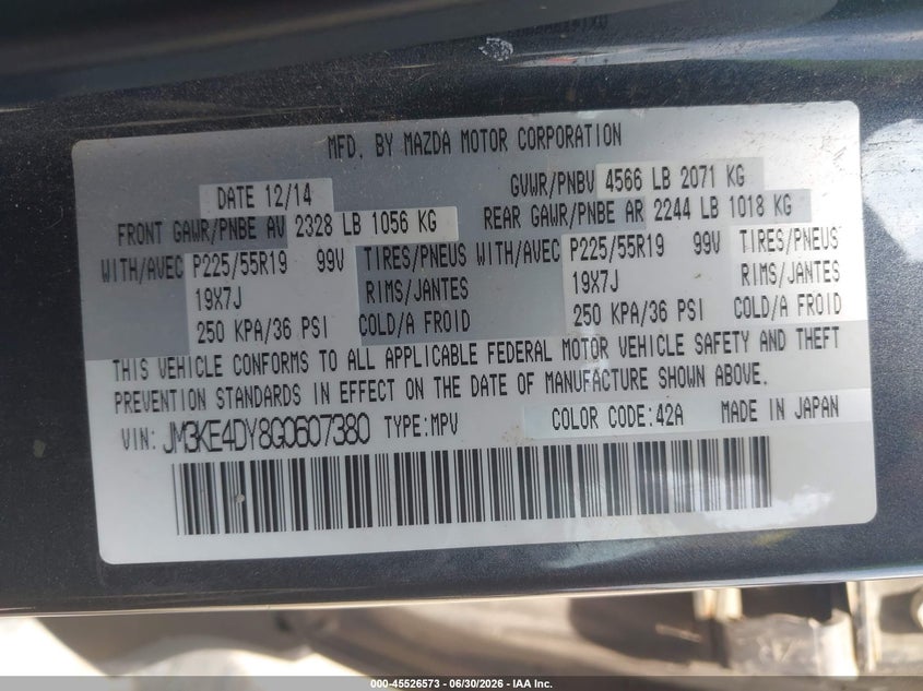 2016 Mazda Cx-5 VIN JM3KE4DY8G0607380 IAAI salvage auction — NORMAL WEAR, Clear (Pennsylvania), sold $3,150 on 2026-07-08 (photo 9)