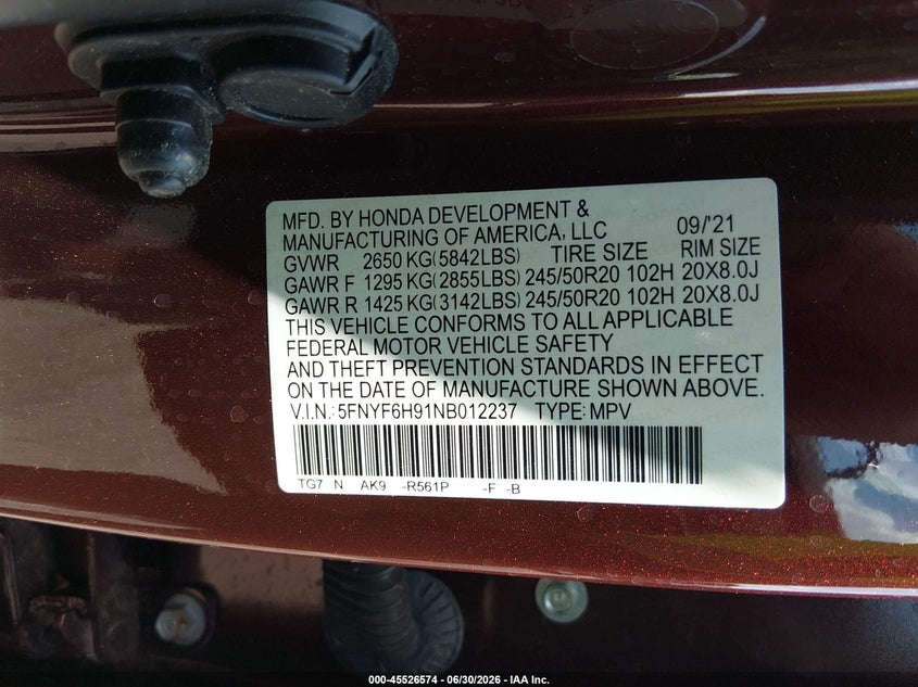 2022 Honda Pilot VIN 5FNYF6H91NB012237 IAAI salvage auction — SIDE, Salvage Title, sold $10,900 on 2026-09-02 (photo 9)