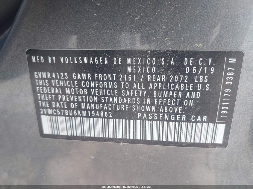 2019 Volkswagen Jetta VIN 3VWC57BU6KM194862 IAAI salvage auction — FRONT END, Salvage (Ohio), sold $1,700 on 2026-07-26 (photo 9)