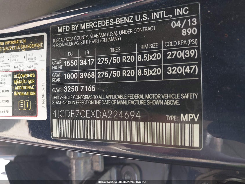 2013 Mercedes-benz Gl-klasse VIN 4JGDF7CEXDA224694 IAAI salvage auction — FRONT END, Clear (Texas), sold $2,400 on 2026-07-09 (photo 9)