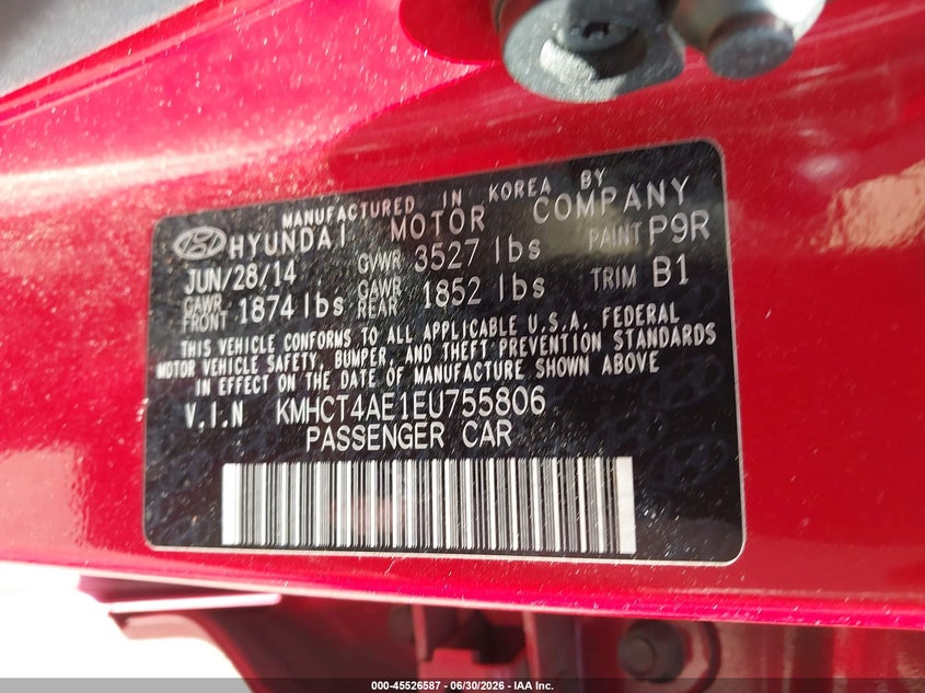 2014 Hyundai Accent VIN KMHCT4AE1EU755806 IAAI salvage auction — REAR END, Salvage Title, sold $1,250 on 2026-07-31 (photo 9)