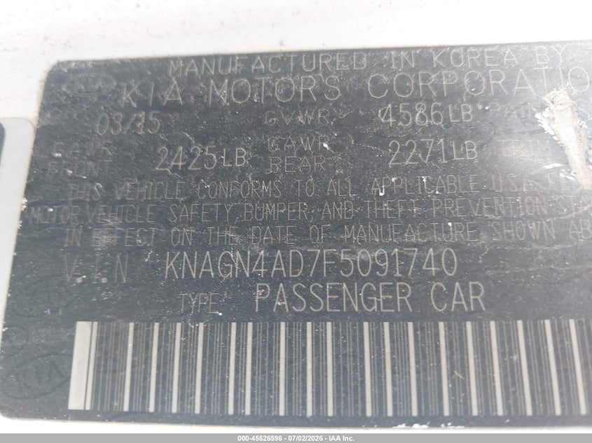 2015 Kia Optima hybrid VIN KNAGN4AD7F5091740 IAAI salvage auction — NORMAL WEAR, Clear (Florida), sold $500 on 2026-07-21 (photo 9)