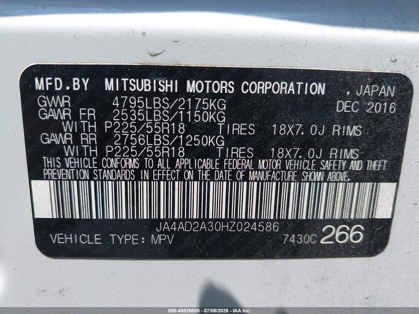 2017 Mitsubishi Outlander VIN JA4AD2A30HZ024586 IAAI salvage auction — RIGHT FRONT, Salvage (North Carolina), sold $2,000 on 2026-07-26 (photo 9)