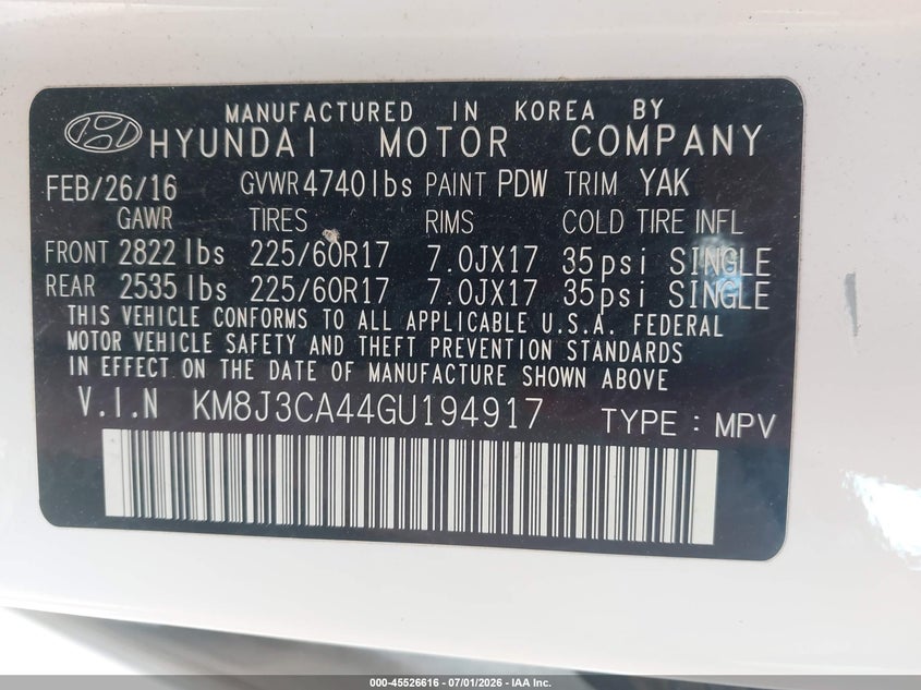 2016 Hyundai Tucson VIN KM8J3CA44GU194917 IAAI salvage auction — HAIL, Salvage (Illinois), sold $2,000 on 2026-08-01 (photo 9)