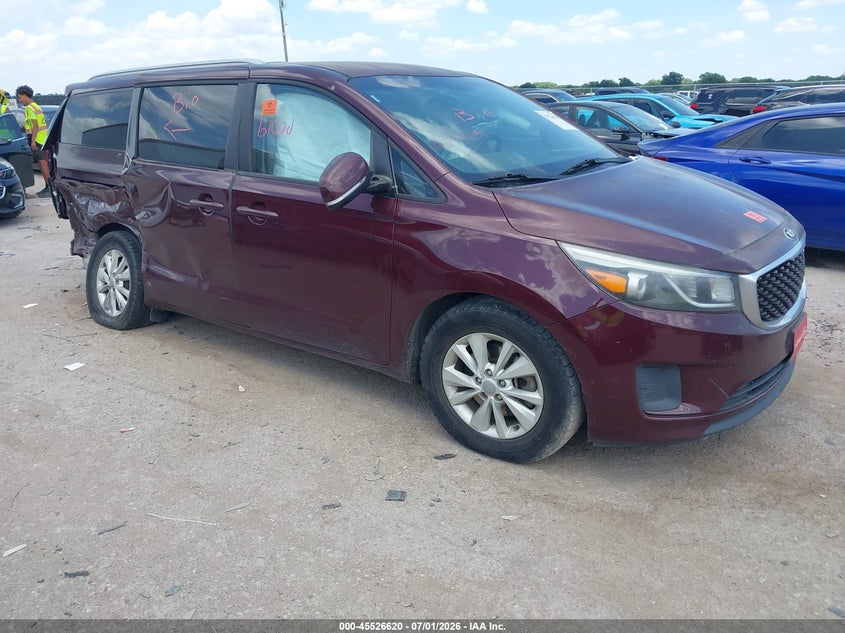 2015 Kia SEDONA VIN KNDMB5C12F6040566 IAAI salvage auction — BIO HAZARD, Salvage (Texas), sold $500 on 2026-07-28 (photo 1)