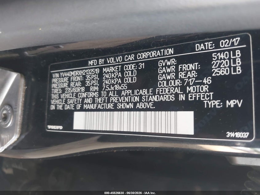 2017 Volvo Xc60 VIN YV440MDRXH2132519 IAAI salvage auction — RIGHT SIDE, Original (Texas), sold $1,500 on 2026-09-04 (photo 9)