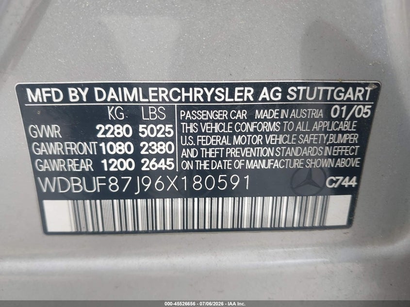 2006 Mercedes-benz E-class VIN WDBUF87J96X180591 IAAI salvage auction — REAR END, Clear (Massachusetts), sold $825 on 2026-07-17 (photo 9)