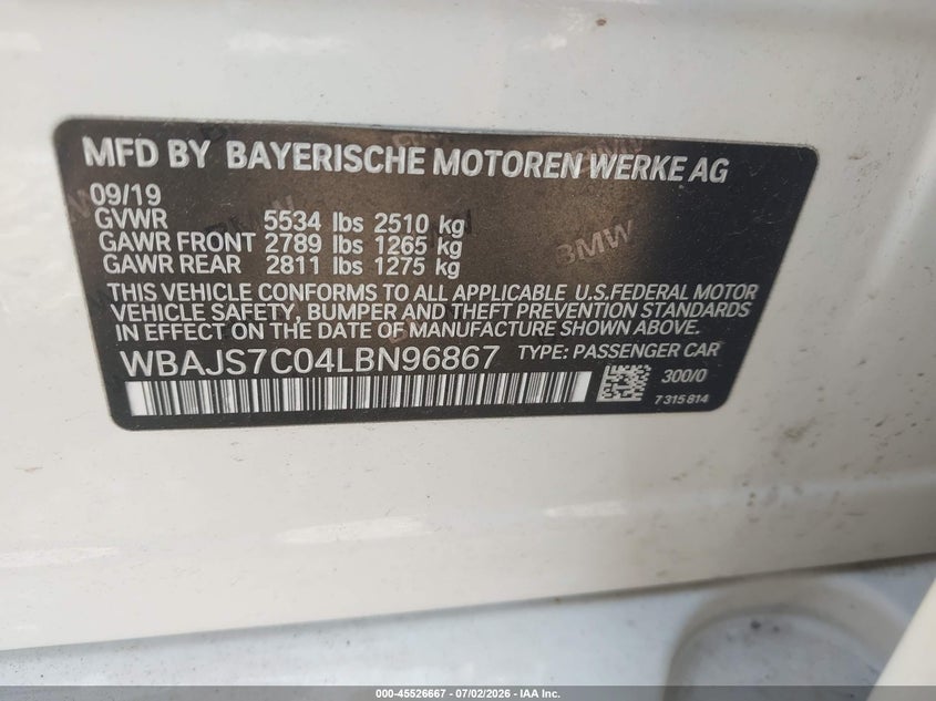 2020 BMW 5er VIN WBAJS7C04LBN96867 IAAI salvage auction — REAR END, Wait Title, sold $9,300 on 2026-10-07 (photo 9)