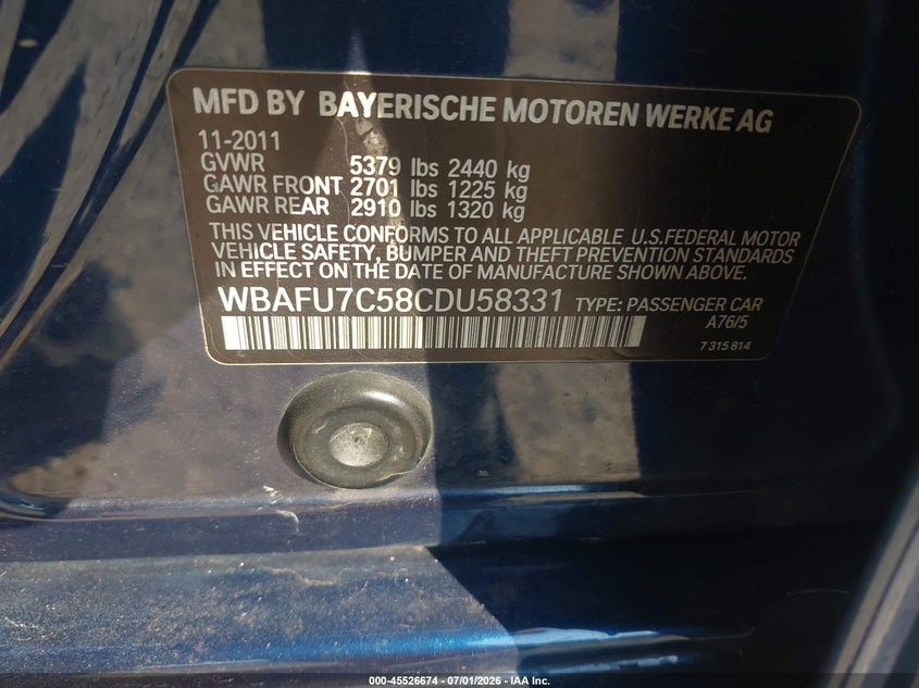 2012 BMW 5er VIN WBAFU7C58CDU58331 IAAI salvage auction — LEFT FRONT, Salvage (Pennsylvania), sold $850 on 2026-07-24 (photo 9)