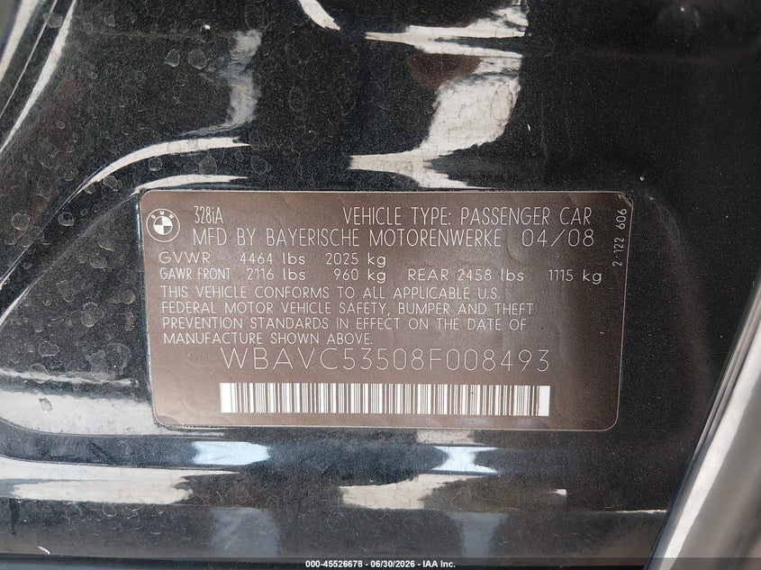 2008 BMW 3 series VIN WBAVC53508F008493 IAAI salvage auction — FRONT END, Salvage (California), sold $1,200 on 2026-07-16 (photo 9)
