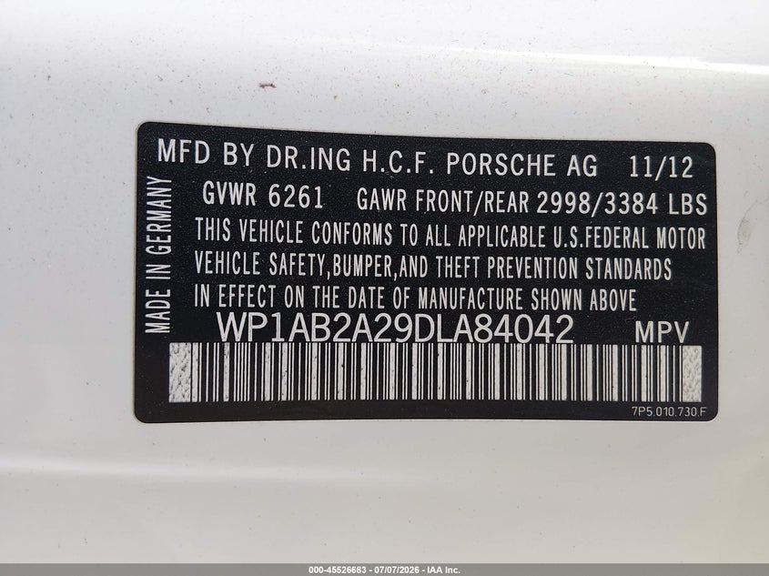2013 Porsche Cayenne VIN WP1AB2A29DLA84042 IAAI salvage auction — UNKNOWN, Salvage (West Virginia), sold $3,600 on 2026-08-22 (photo 9)