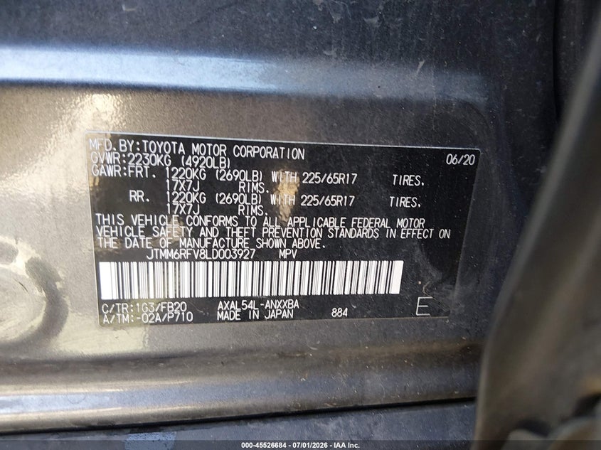 2020 Toyota Rav 4 VIN JTMM6RFV8LD003927 IAAI salvage auction — BIOHAZARD/CHEMICAL, Salvage Title, sold $11,200 on 2026-07-12 (photo 9)