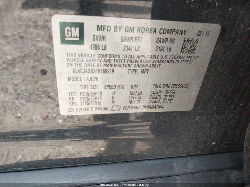 2015 Buick Encore VIN KL4CJASB3FB169919 IAAI salvage auction — RIGHT FRONT, Original (Texas), sold $600 on 2026-07-08 (photo 9)