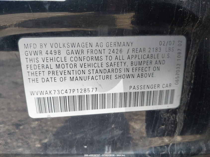 2007 Volkswagen Passat VIN WVWAK73C47P128577 IAAI salvage auction — FRONT END, Salvage (Pennsylvania), sold $350 on 2026-07-14 (photo 9)