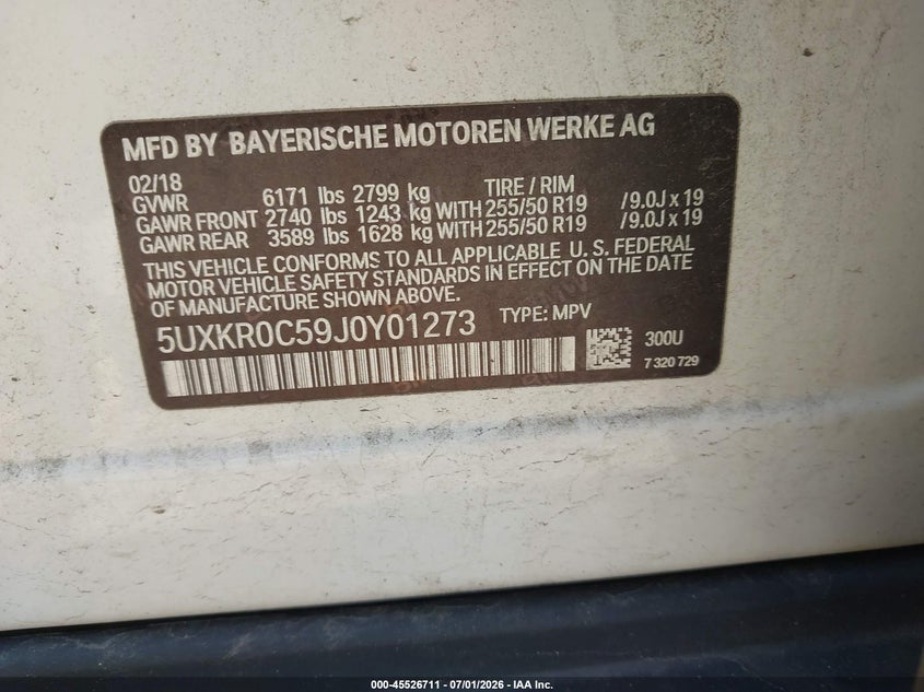 2018 BMW X5 VIN 5UXKR0C59J0Y01273 IAAI salvage auction — FRONT END, Mv-907A (New York), sold $2,525 on 2026-07-28 (photo 9)