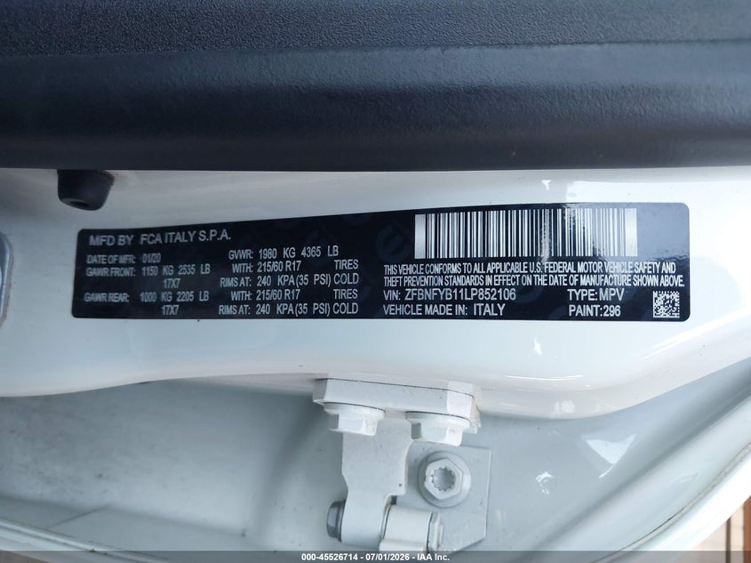 2020 Fiat 500x VIN ZFBNFYB11LP852106 IAAI salvage auction — UNKNOWN, Clear (Tennessee), sold $2,750 on 2026-07-07 (photo 9)