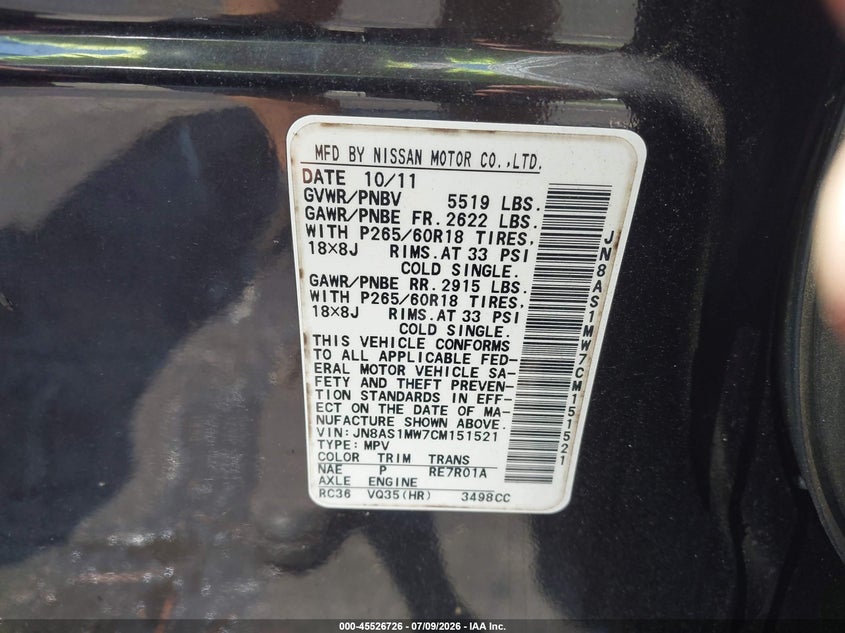 2012 Infiniti Fx VIN JN8AS1MW7CM151521 IAAI salvage auction — FRONT END, Salvage Title, sold $750 on 2026-08-19 (photo 9)
