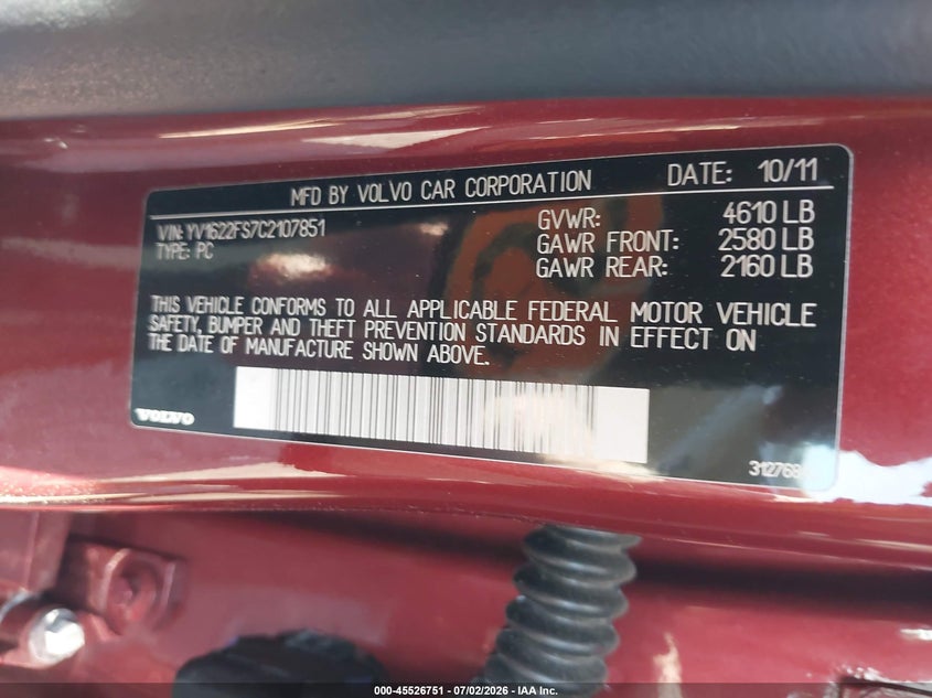 2012 Volvo S60 VIN YV1622FS7C2107851 IAAI salvage auction — NORMAL WEAR, Clear (New York), sold $300 on 2026-07-17 (photo 9)