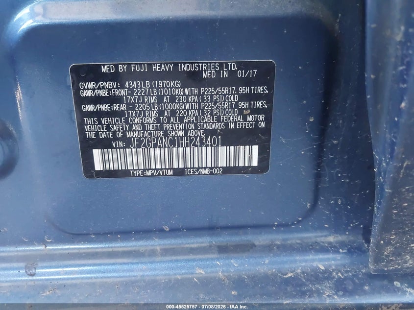 2017 Subaru Crosstrek VIN JF2GPANC1HH243401 IAAI salvage auction — FRONT END, Mv-907A (New York), sold $1,550 on 2026-07-16 (photo 9)