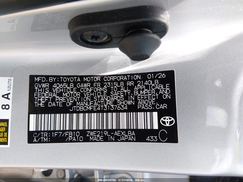 2026 Toyota Corolla VIN JTDBCMFE4T3137634 IAAI salvage auction — REAR END, Salvage Title, sold $6,900 on 2026-07-26 (photo 9)